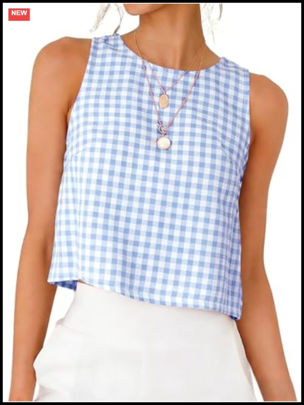 Womens Gingham Plaid Crop Tank Top Sleeveless High Neck Summer Casual
